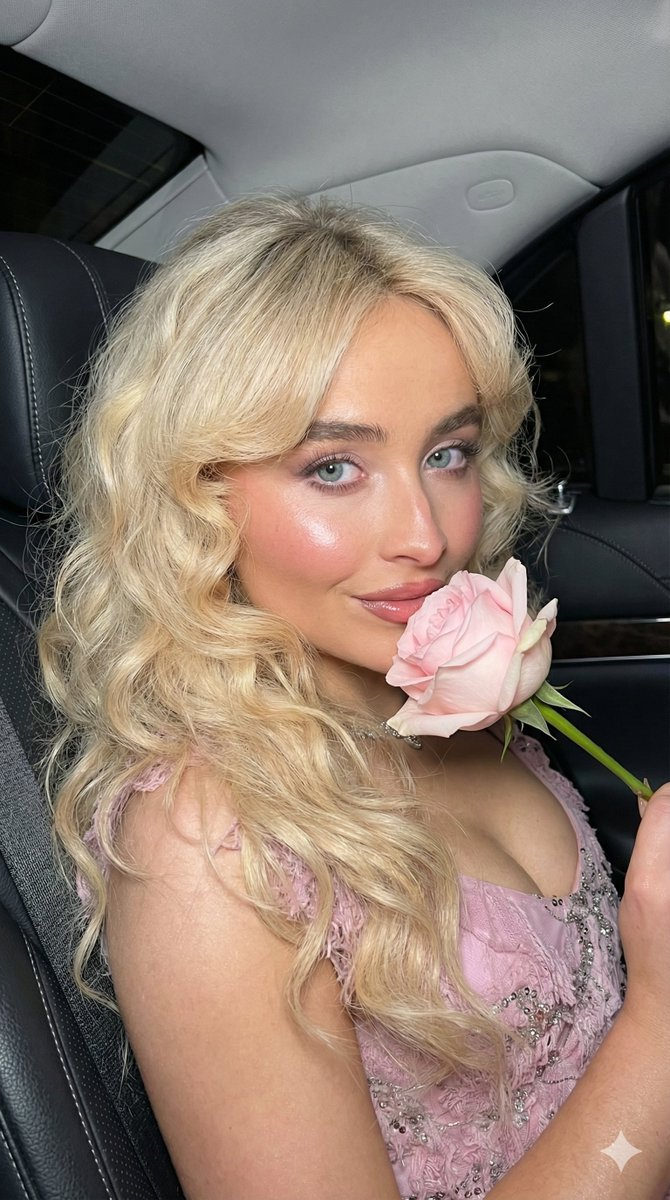 Ultra-realistic portrait of an adult woman in a luxury car interior, softly smiling with a pink rose.