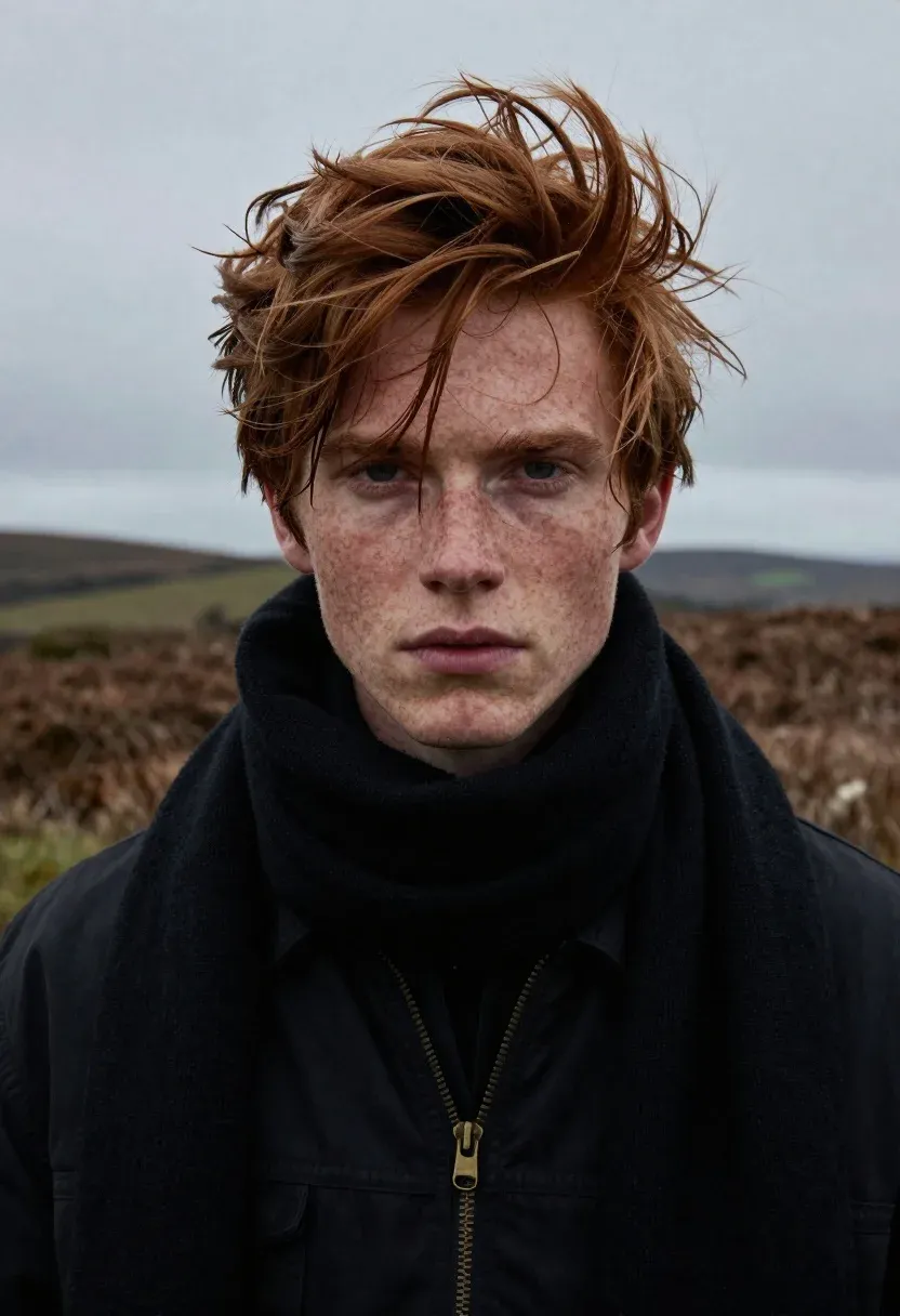 Cinematic Portrait Young Man With Tousled Reddish-brown Hair And Freckles