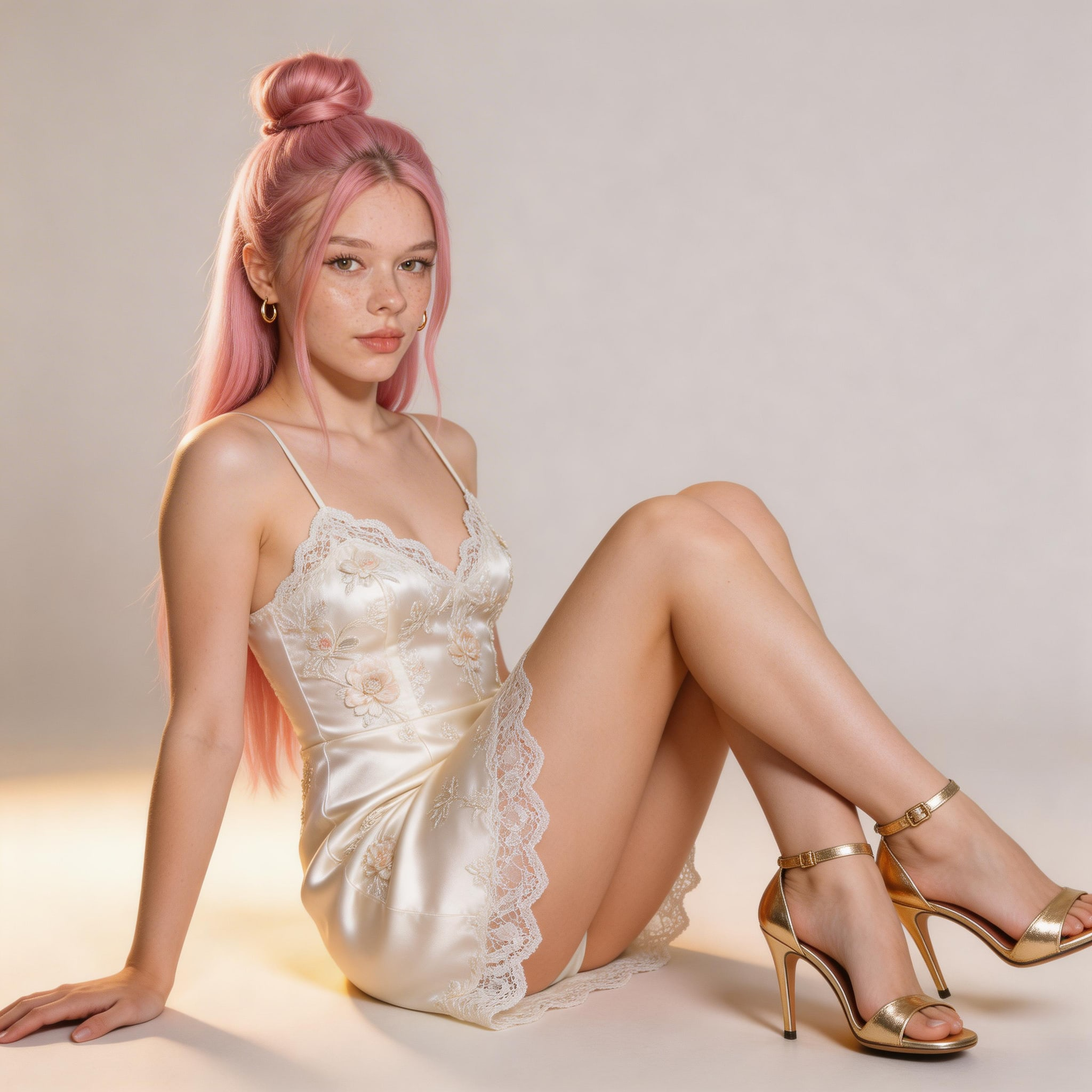 Stunning model wearing an ivory lace minidress and metallic gold heels, seated elegantly with direct eye contact, showcasing high-fashion styling.