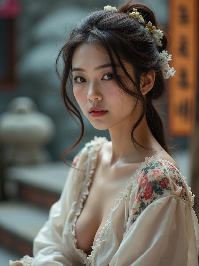 Floral Updo Cream Blouse Outdoor Courtyard