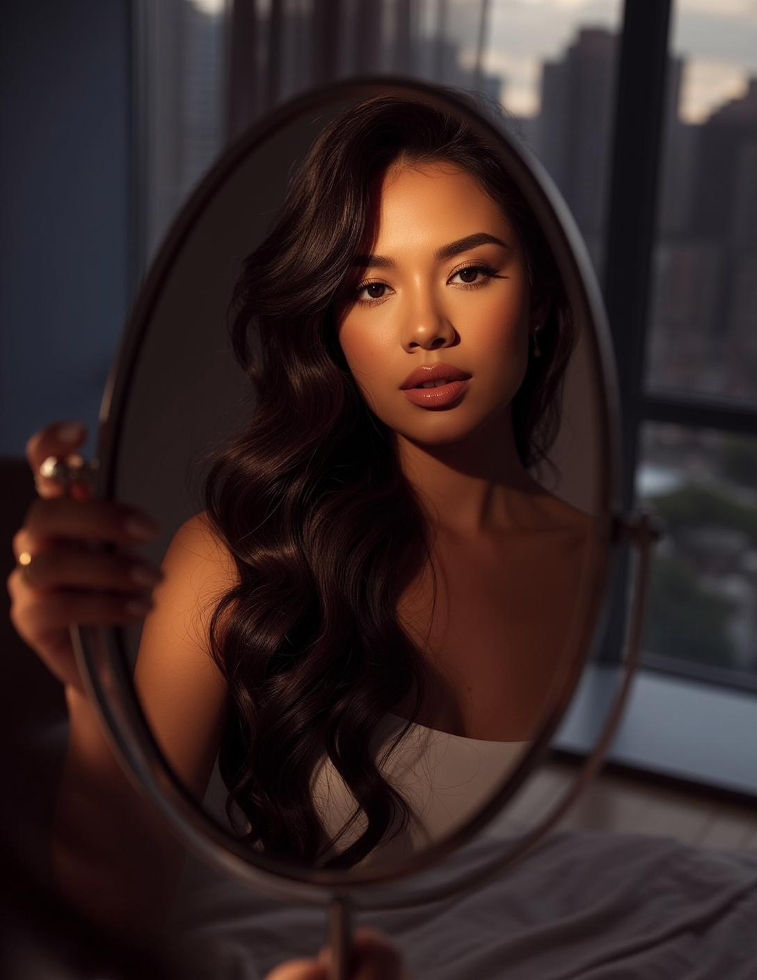 Woman With Tan Skin And Dark Hair Holding Mirror City