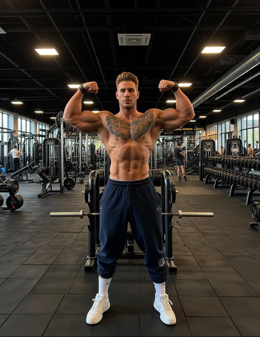 Muscular Short Blonde Tan Dark Blue Sweatpants