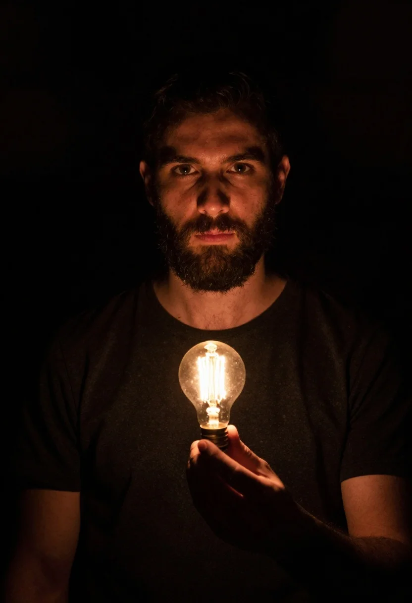 Portrait Man With Beard And Short Hair Holding Illuminated Vintage reference photo