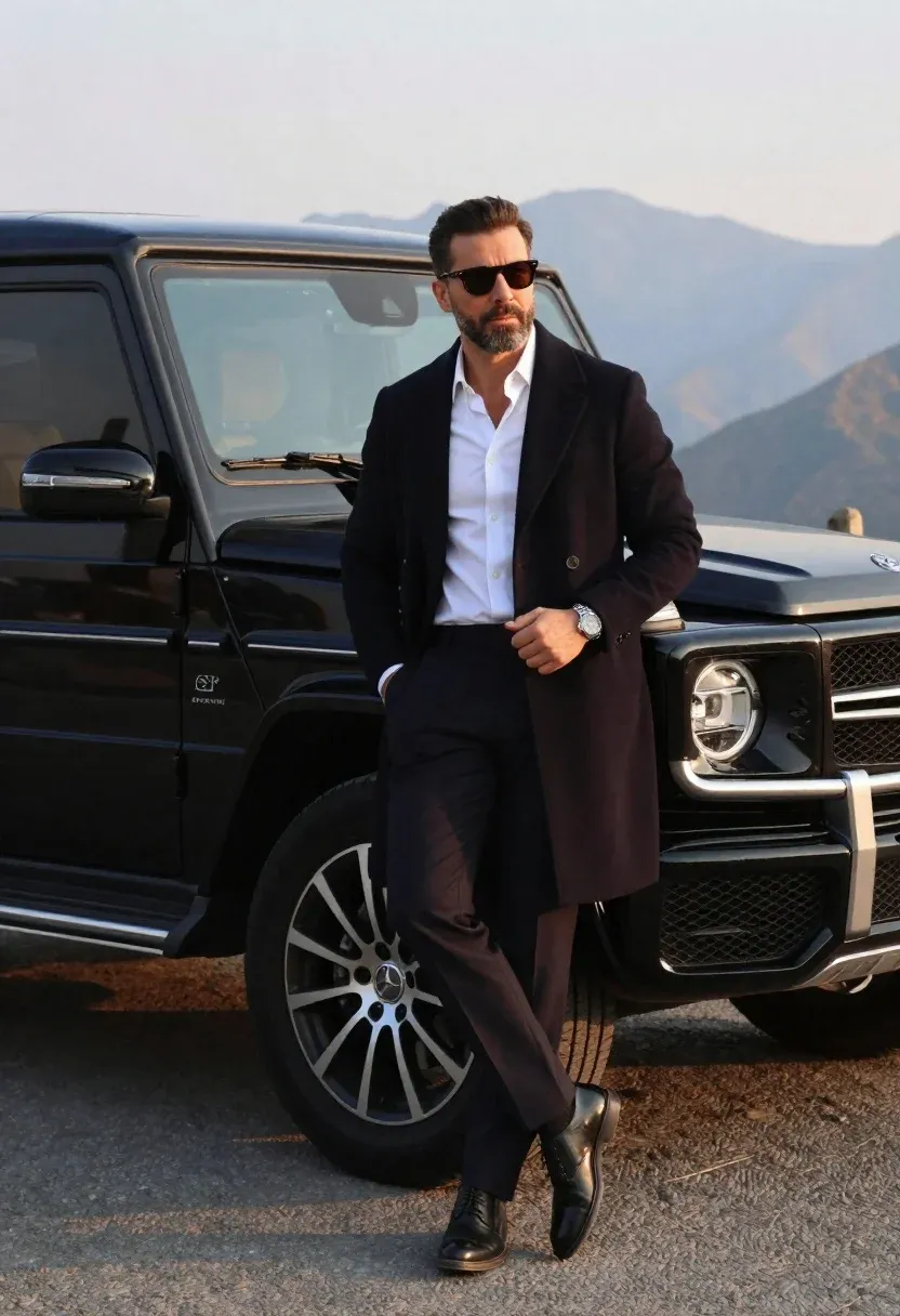 Photorealistic Full-body Shot Well-dressed Man Posing Confidently Next Luxury Suv
