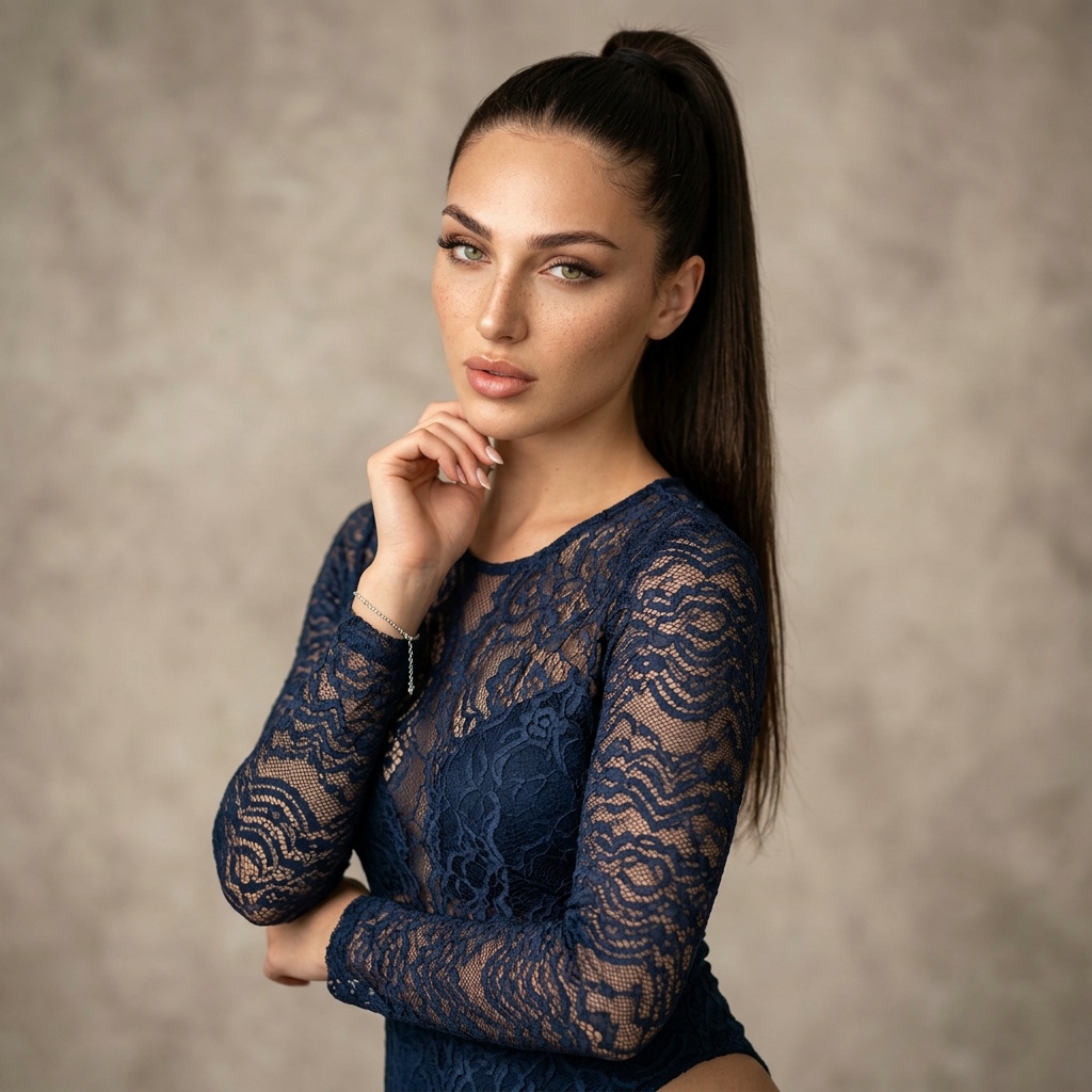 Portrait of a woman with long hair in a high ponytail wearing a dark blue lace bodysuit, captured in soft studio lighting.