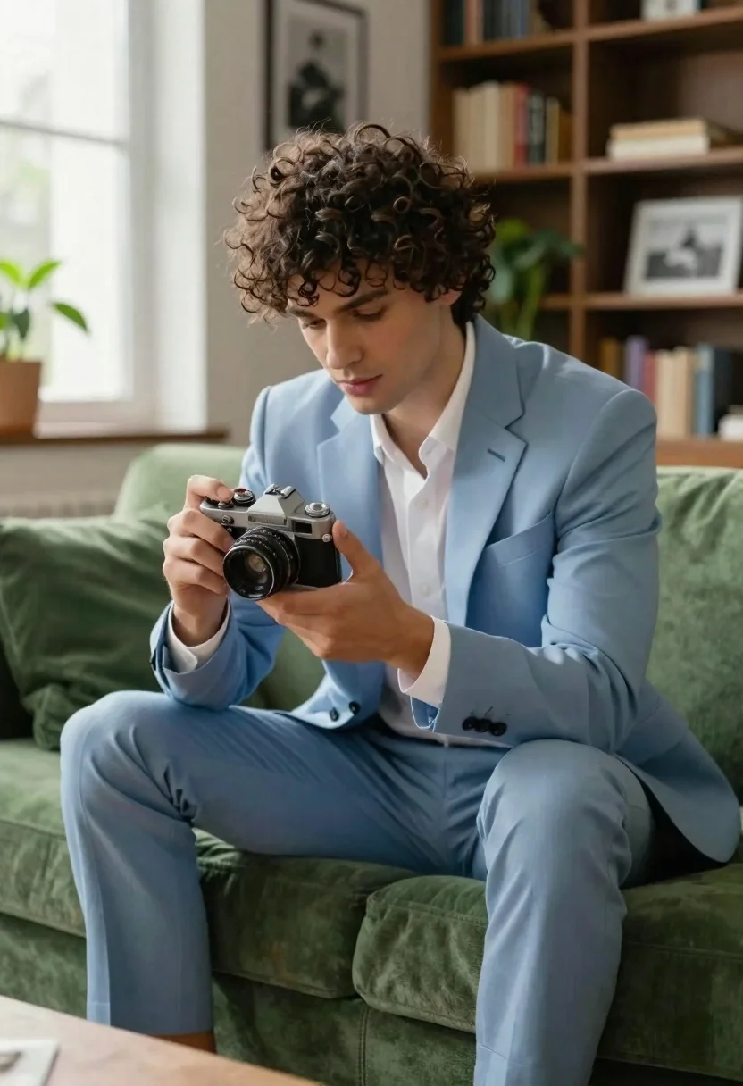 Young Man With Curly Dark Hair Sits Plush Green Sofa