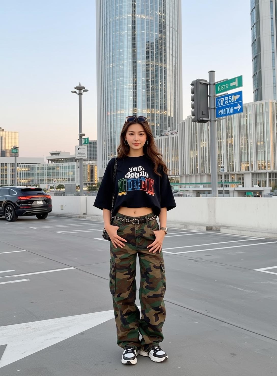 Asian Woman Urban Parking Lot Black T Shirt Cargo Pants