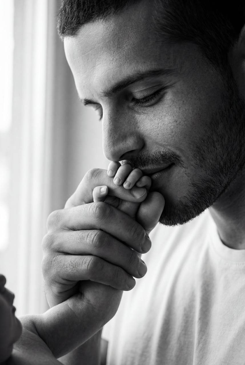 A close-up of an adult gently holding a newborn's tiny hand, conveying warmth and affection in soft natural light.