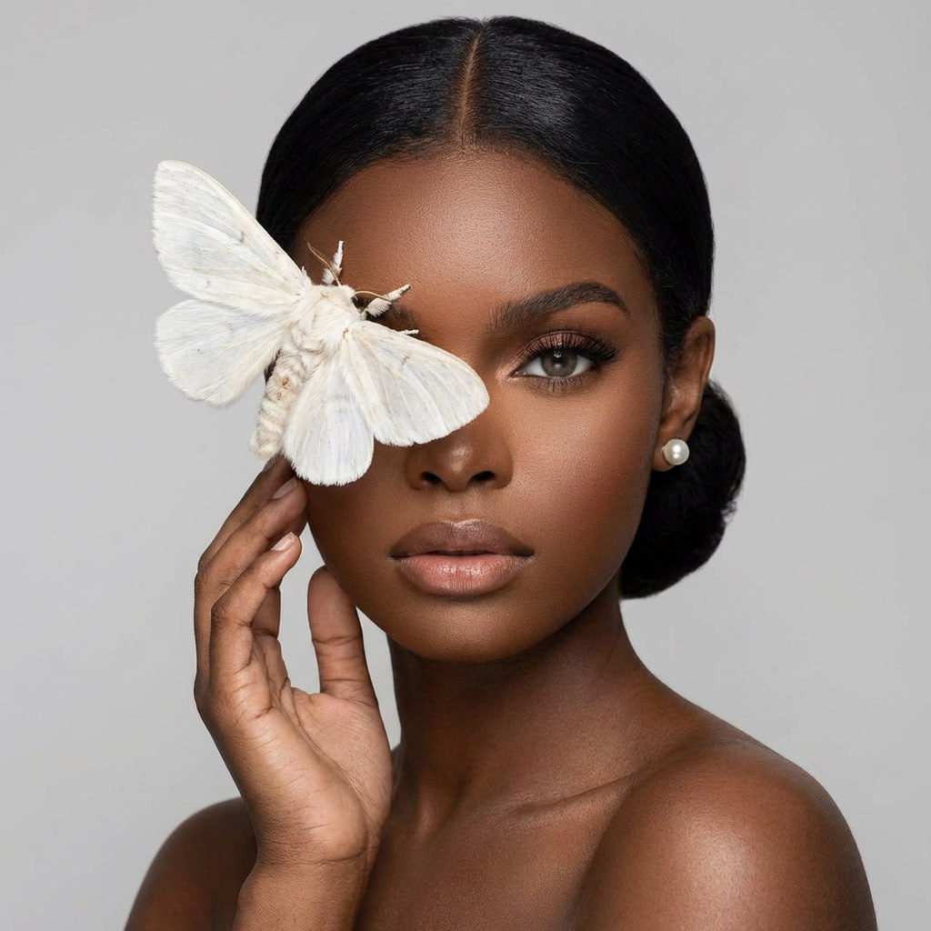 A stunning studio portrait of a woman with a butterfly covering her face, showcasing soft lighting and professional retouching.