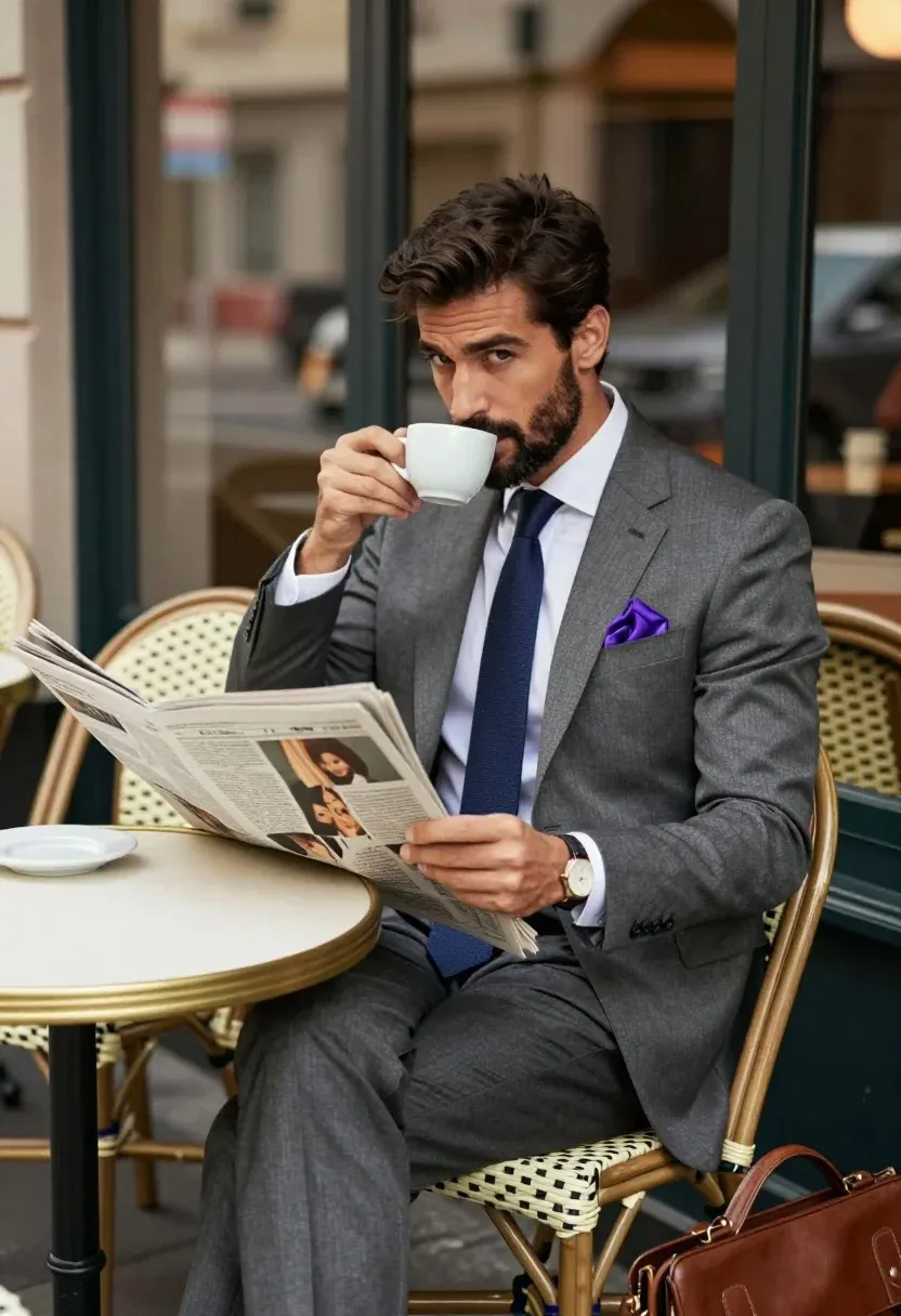 Well-dressed Man Sits Outdoor Cafe Table Holding White Coffee Cup