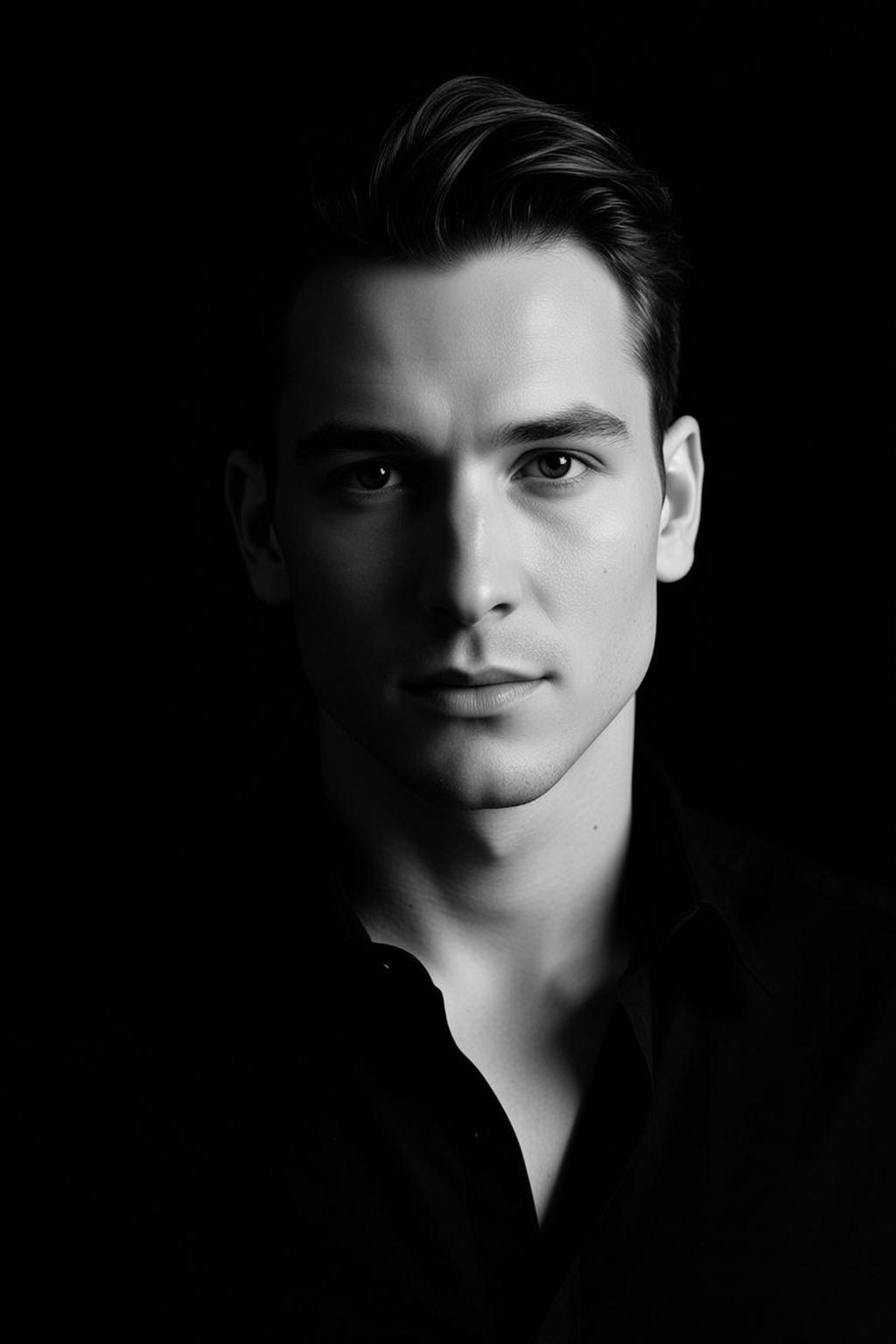 Photorealistic Black And White Medium Close-up Portrait Young Man With