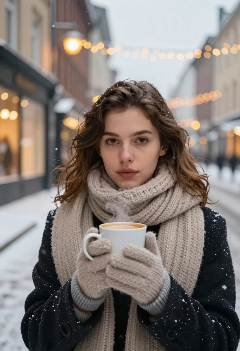 Young Woman With Wavy Brown Hair Stands Snowy Street Holding