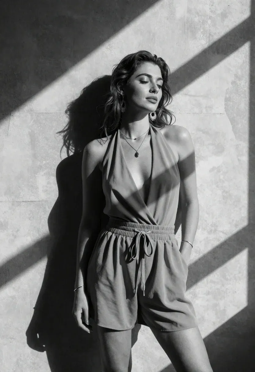 Black-and-white Fashion Portrait Woman Leaning Against Textured Concrete Wall With