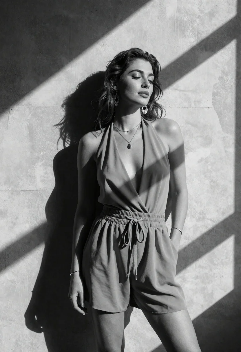 Black-and-white Fashion Portrait Woman Leaning Against Textured Concrete Wall With reference photo