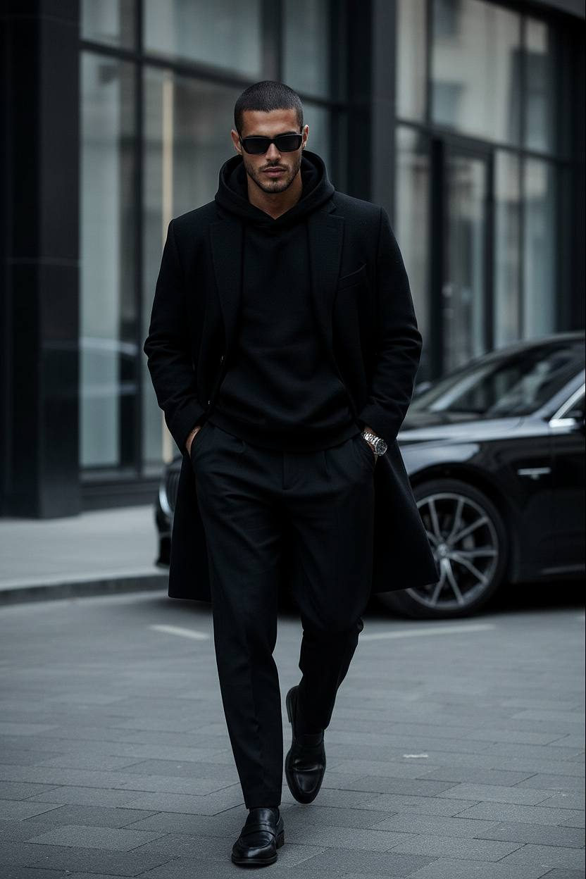 A person walking on a city street in an oversized wool coat and leather loafers, serious expression.