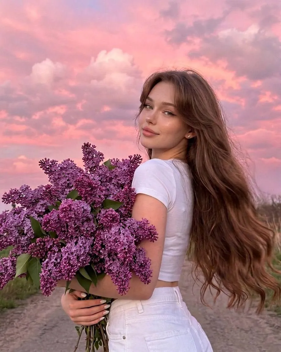 Girl Pink Sunset Sky Lilac Bouquet Dyson Hair