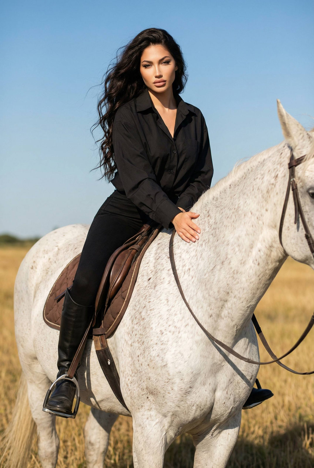 A woman in a black shirt and tight pants riding a white horse in a golden field against a clear blue sky.