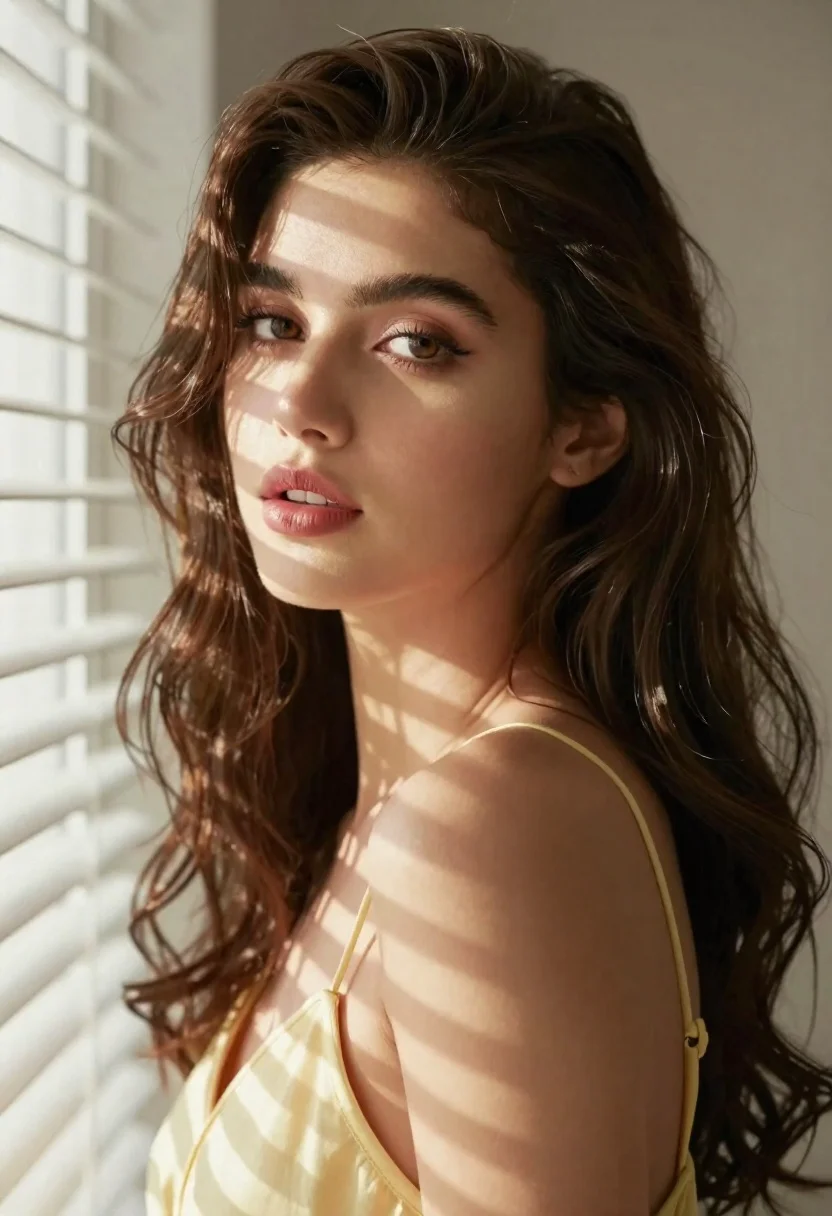 Portrait Woman With Long Wavy Brown Hair And Defined Makeup reference photo