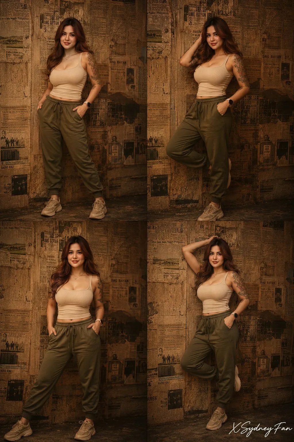 Collage Beige Tank Olive Sweatpants Newspaper Wall Warm Light