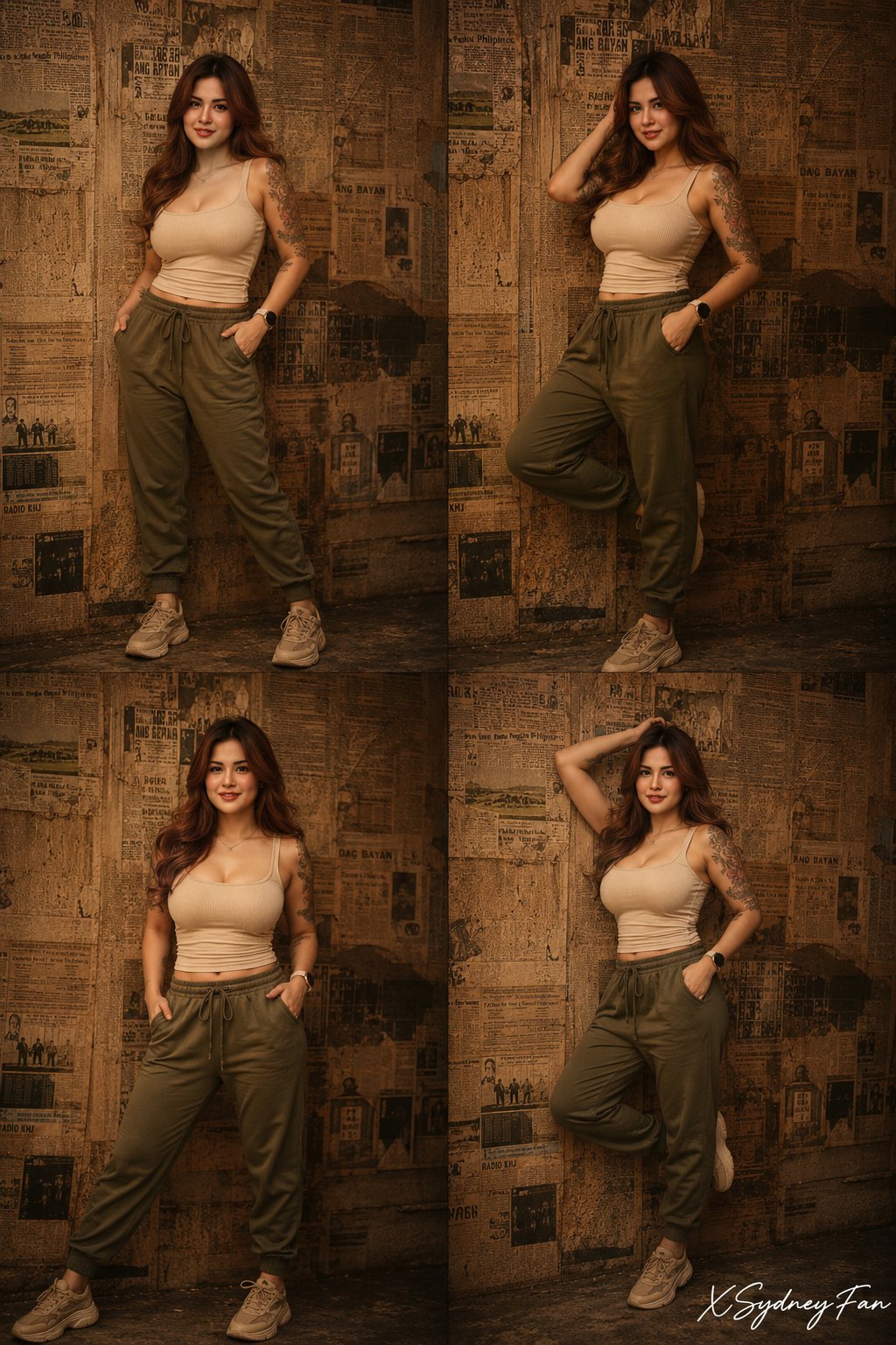Collage Beige Tank Olive Sweatpants Newspaper Wall Warm Light