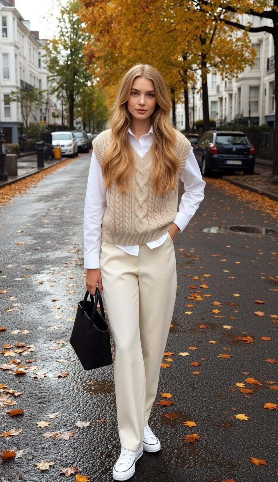 Autumn Street Blonde Woman White Shirt Sweater Vest