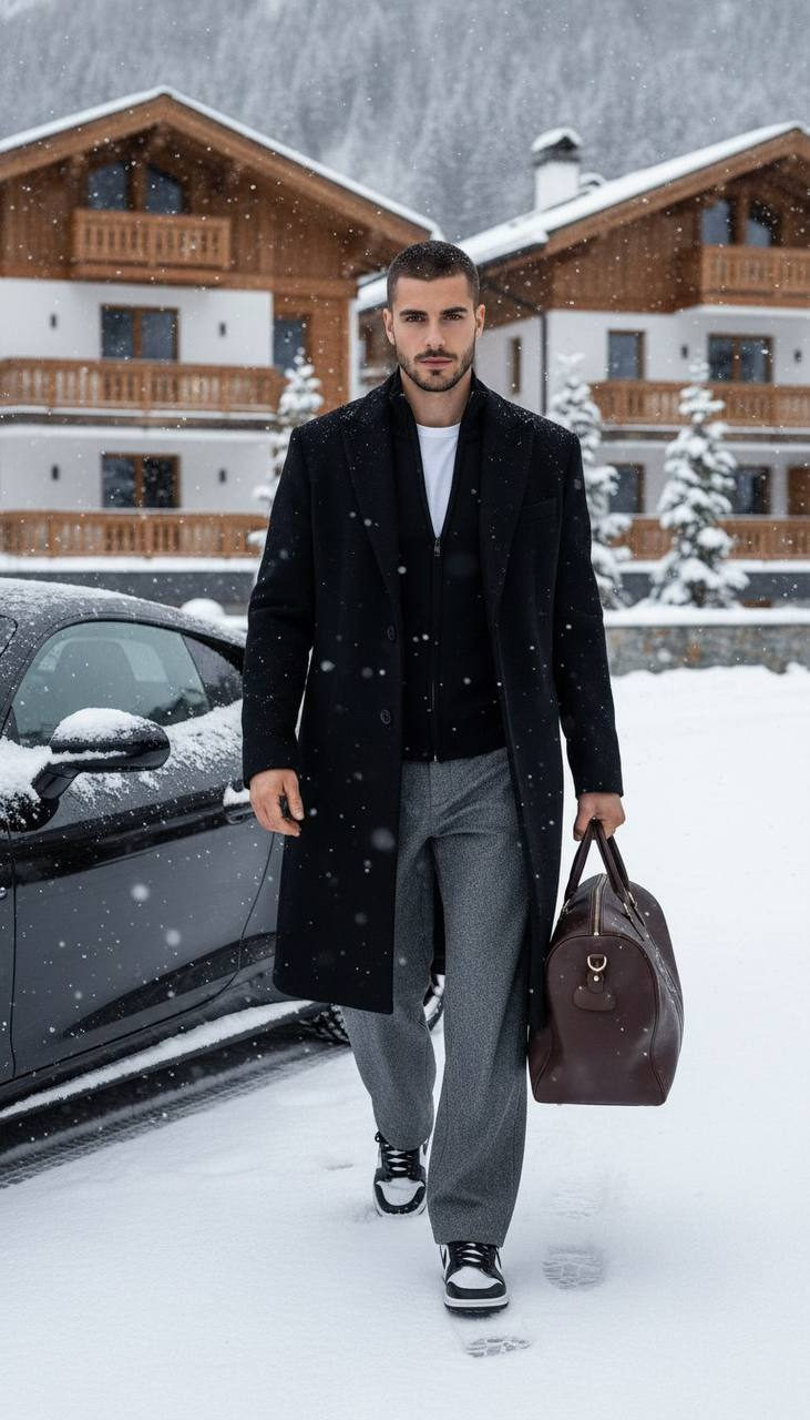 A confident man in a charcoal-black wool coat walking beside a luxury car in a snowy alpine resort.