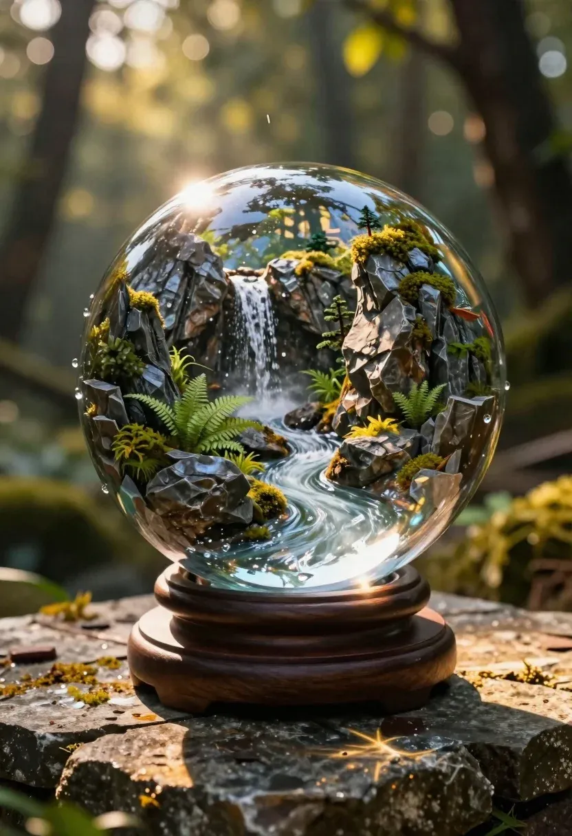 Macro Close-up Large Glass Crystal Ball Resting Dark Wooden Stand