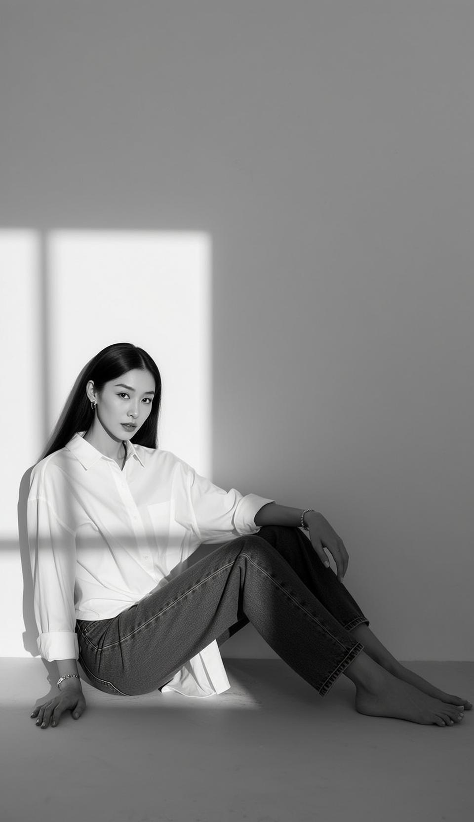 Vertical Black And White Photorealistic Portrait Young Asian Woman With