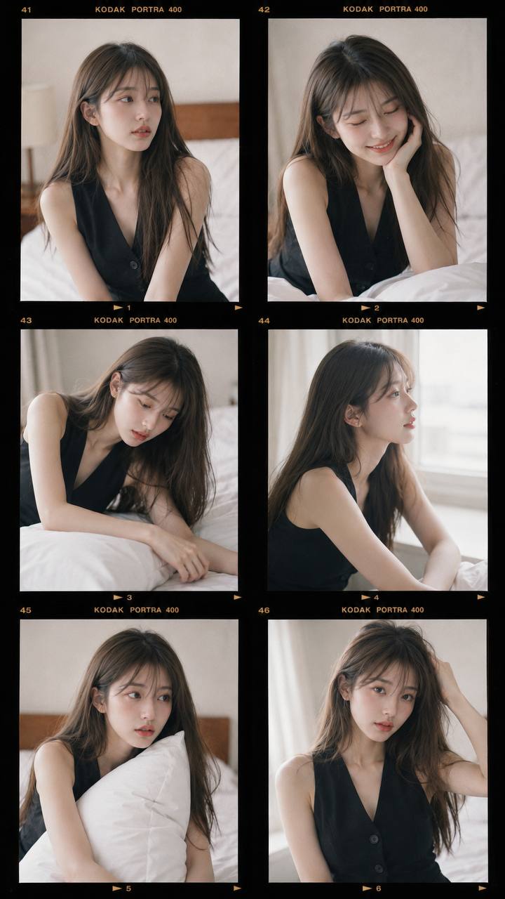 Six Close Up Portraits Woman In Black Vest White Bed