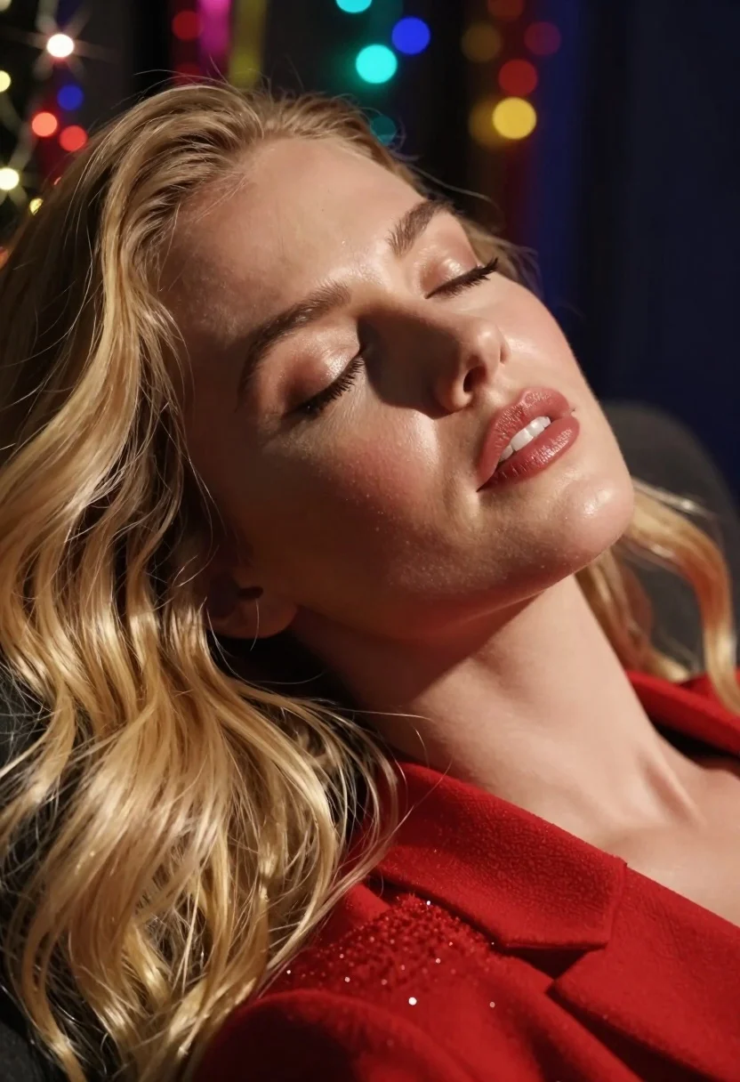 Close-up portrait of a woman with long blonde hair resting peacefully, eyes closed, dramatic lighting enhances her serene expression.