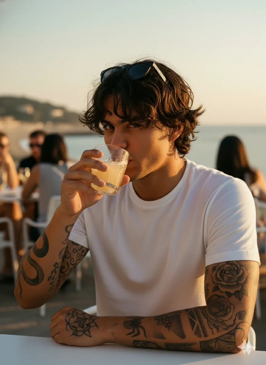 Tattoos Sunglasses Earrings And Bracelets In Cafe Portrait