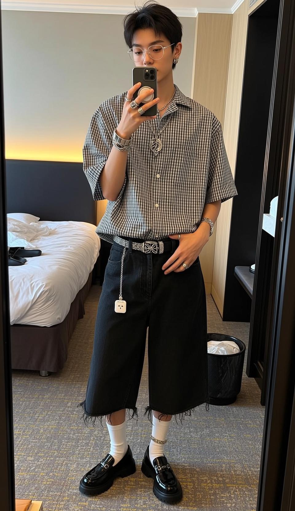 Selfie Mirror Checkered Shirt Denim Shorts
