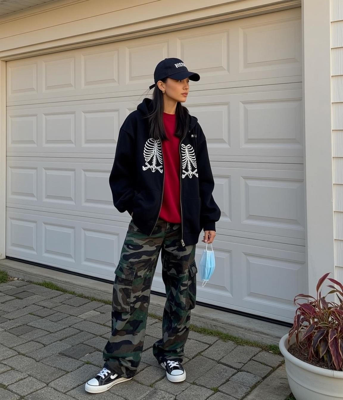 Streetwear Girl Suburban Driveway Red Shirt Camo Pants