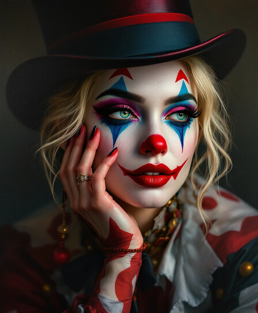 A beautiful clown with colorful makeup and a top hat, deep in thought against a dark background.