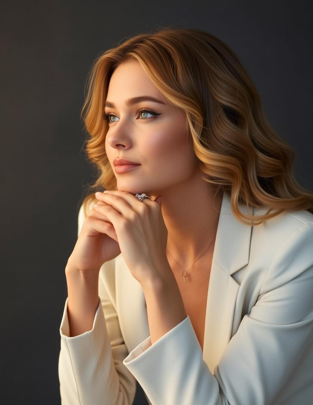 Luxury Young Wavy Blonde Fair White Blazer