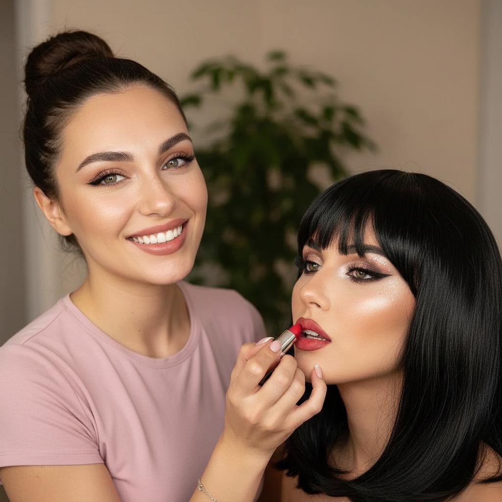 Close-up of a smiling woman applying lipstick to her partner, soft natural lighting, warm atmosphere, vibrant colors.