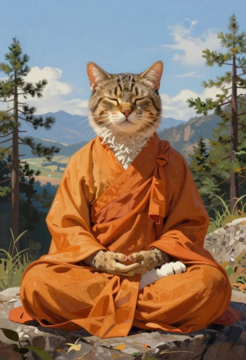 Realistic Digital Painting Majestic Tabby Cat Monk Meditating The Lotus