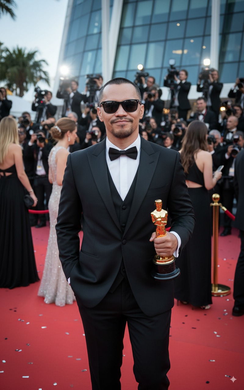 Close-up of a man in a tuxedo walking confidently on the red carpet at Cannes, with paparazzi capturing the moment.