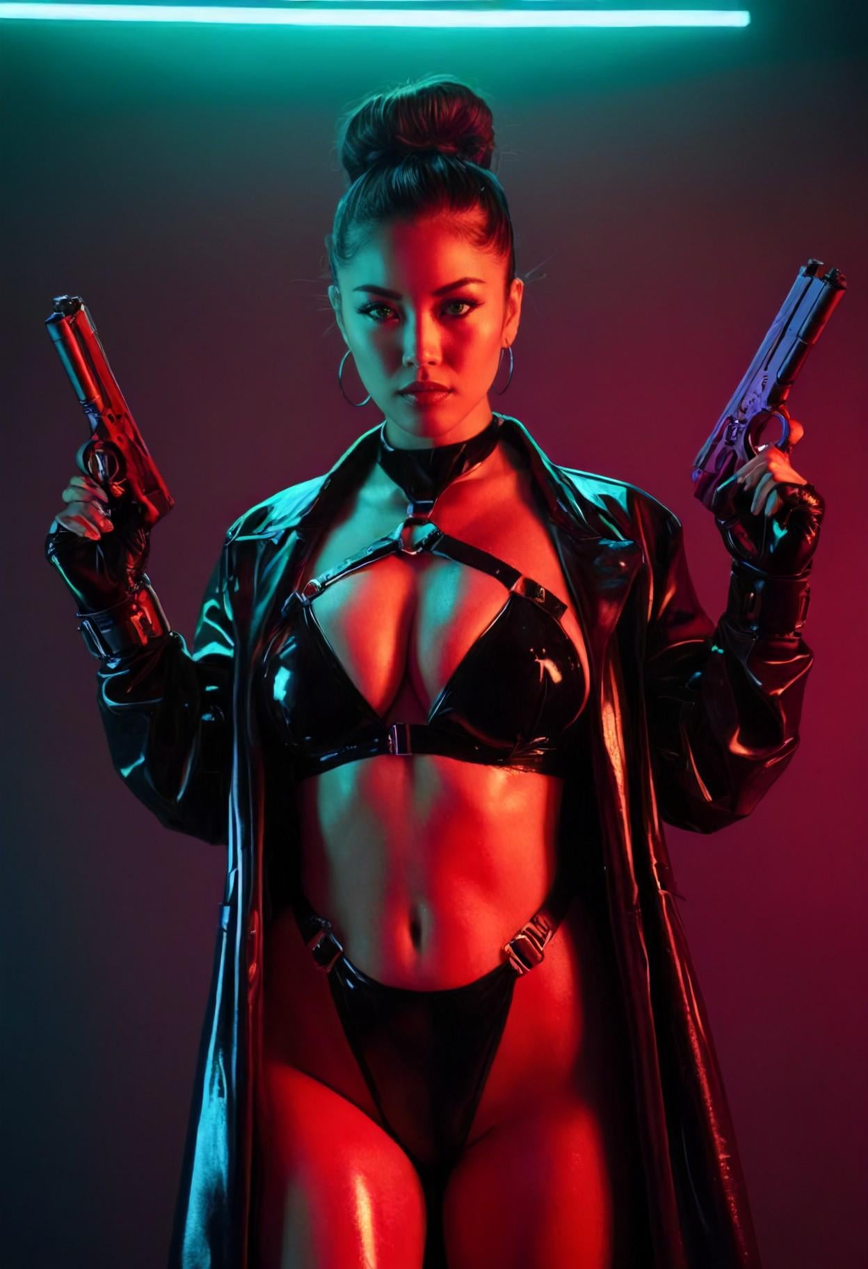 Black Latex Bikini Trench Coat Neon Lighting