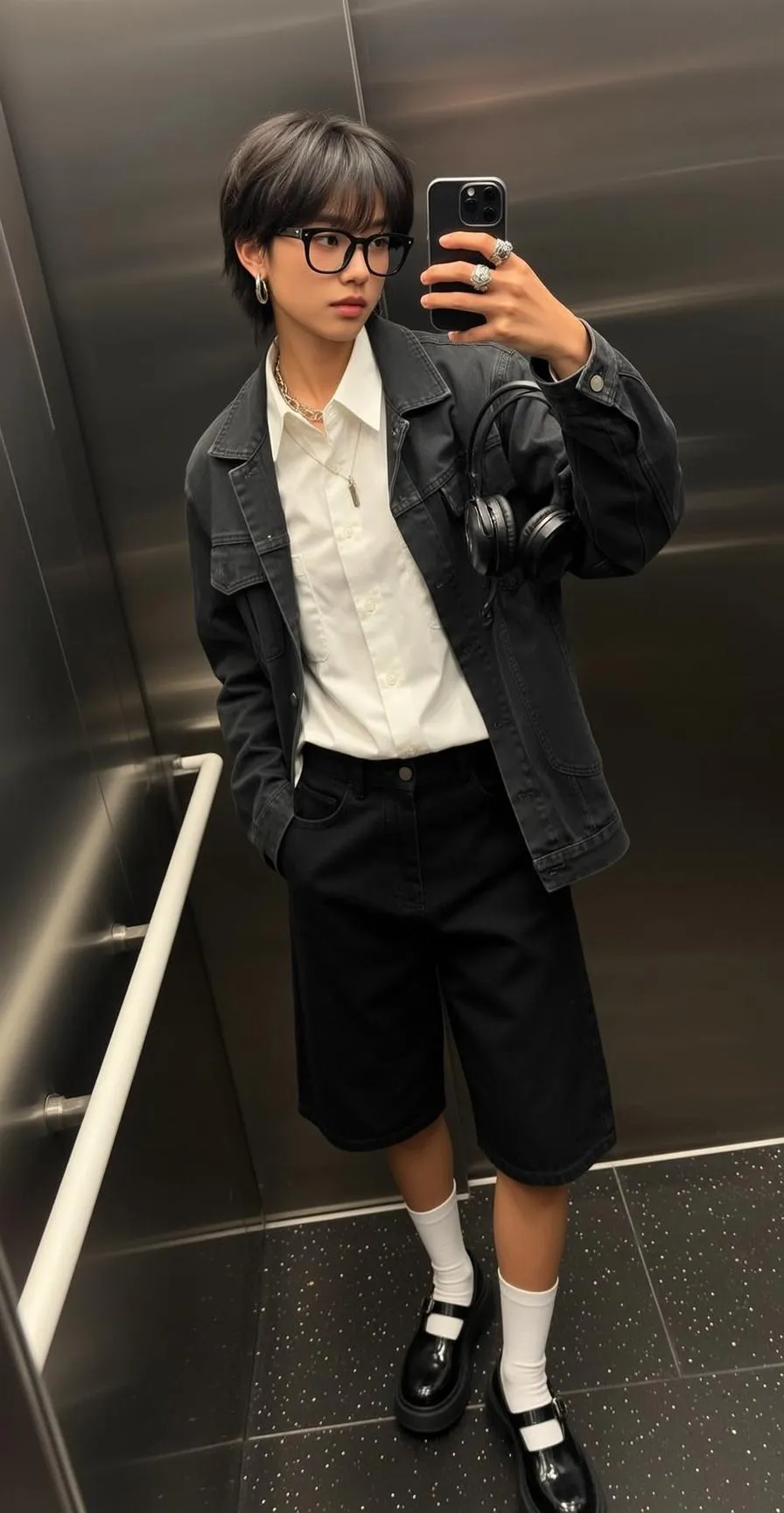 Glasses Earrings Necklace And Rings In Elevator Selfie
