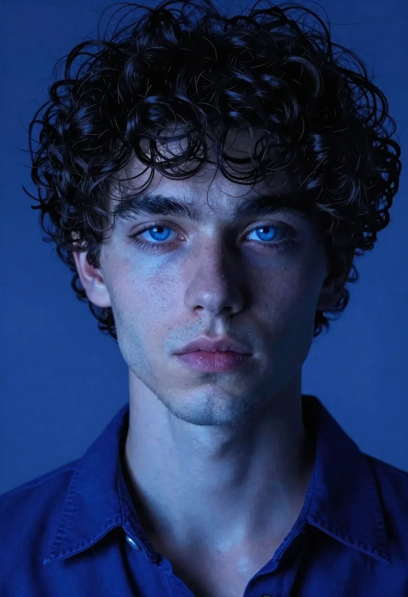 Hyper-realistic Close-up Portrait Young Man With Intense Blue Eyes And reference photo
