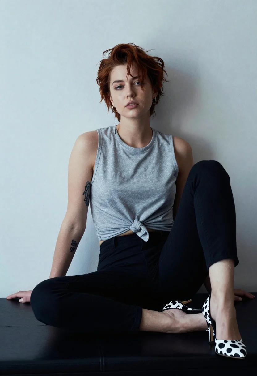 Young Woman With Short Reddish-brown Hair Sits Casually Dark Leather reference photo