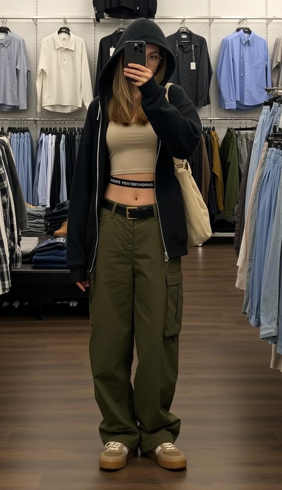 Cargo Pants Taking Selfie In Clothing Store