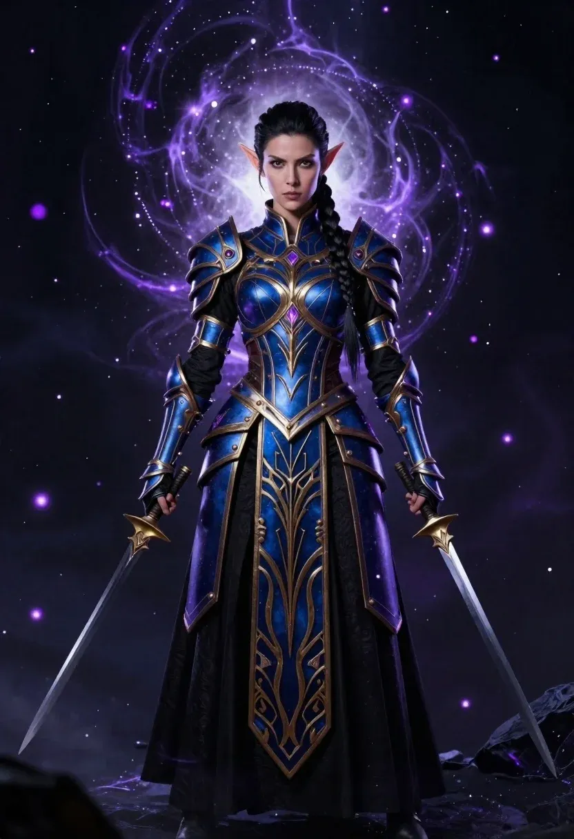 Full-body Portrait Powerful Female Elven Warrior Standing Against Dark Cosmic