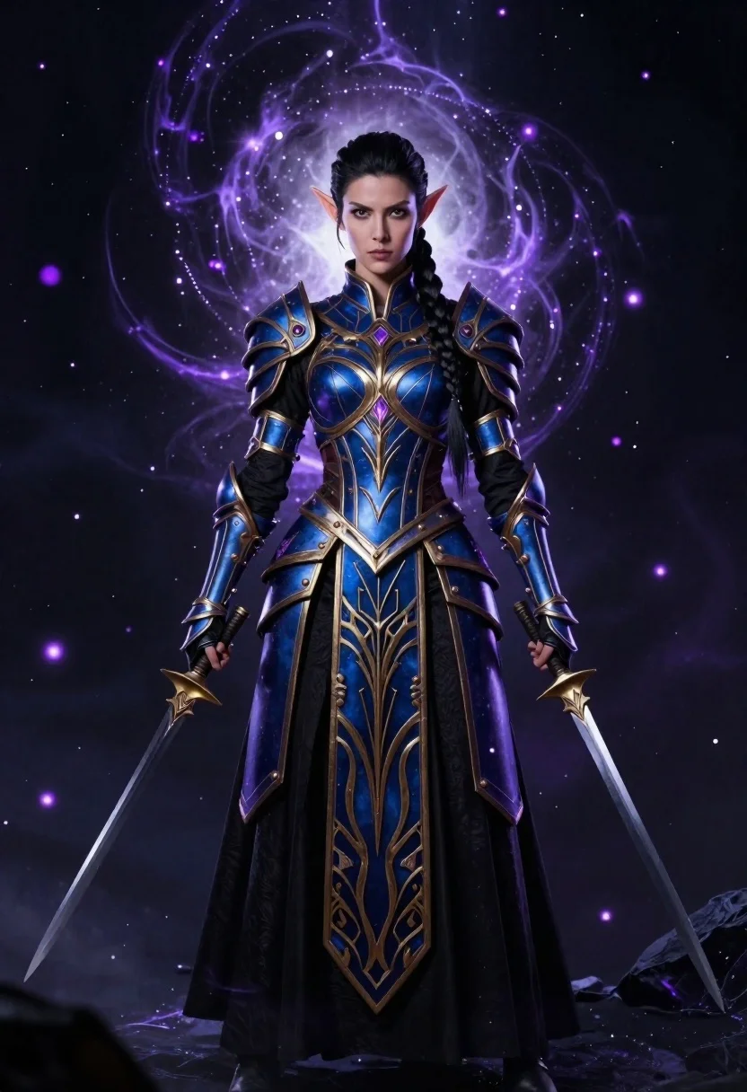 Full-body Portrait Powerful Female Elven Warrior Standing Against Dark Cosmic reference photo