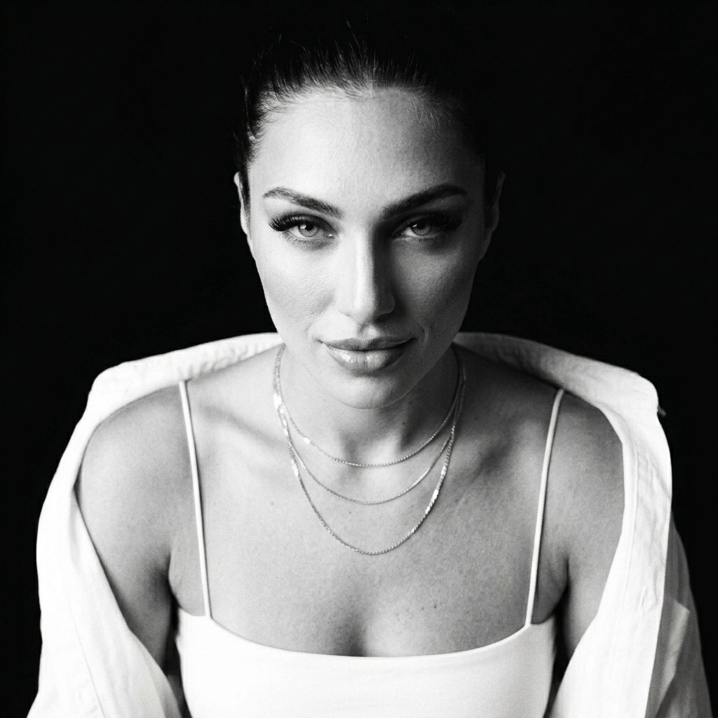 A top-angle black and white portrait of Lily with a proud expression, showcasing minimal style and deep shadows.