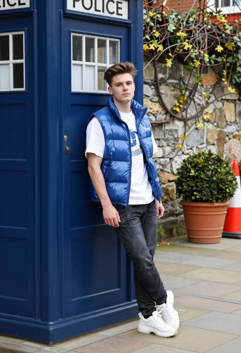 Young Man Stands Casually Leaning Against Blue Police Box With