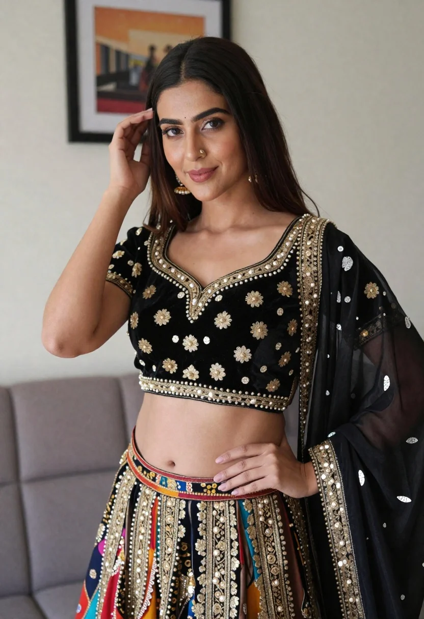 Woman Posing Indoors Wearing Ornate Black And Gold Lehenga Choli reference photo