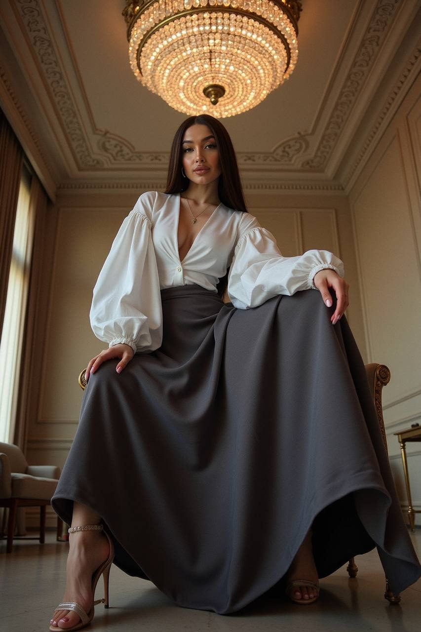 A beautiful young woman in a luxurious setting, posed elegantly with a crystal chandelier above, wearing a white blouse and dark velvet skirt.