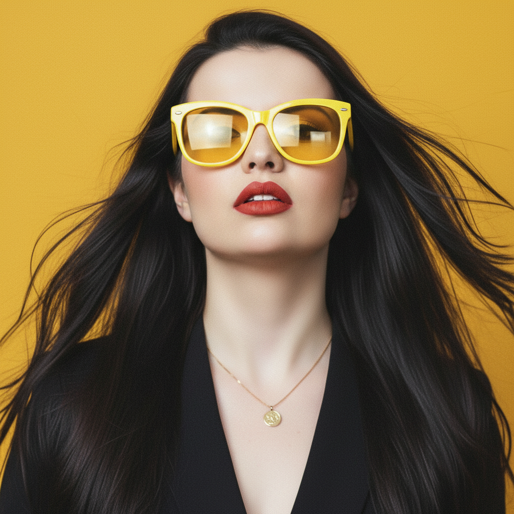 Close-up studio portrait of a glamorous woman with yellow sunglasses and flowing dark hair.